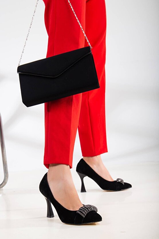 Kadın 9 cm Topuklu Siyah Süet Çanta Kombinli Stiletto Takımı