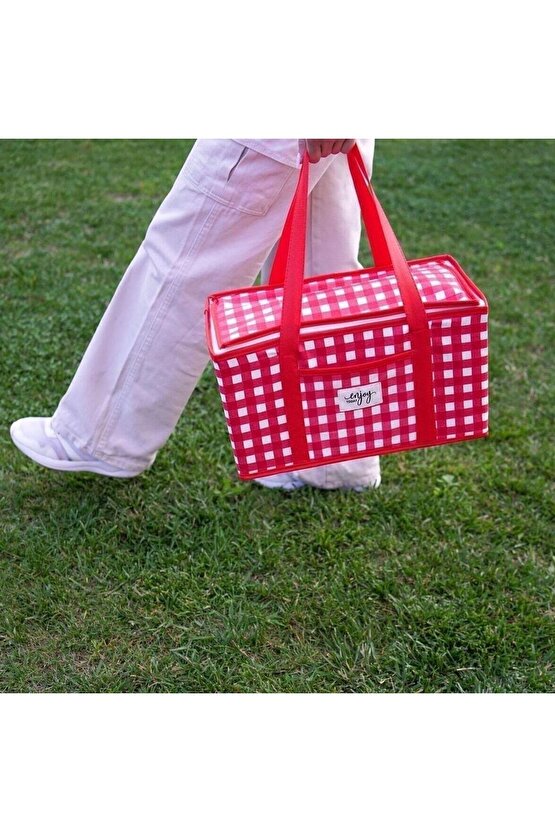 Termo Lüks Piknik Çantası Kırmızı Ekoseli 35 x 20 x 20 cm