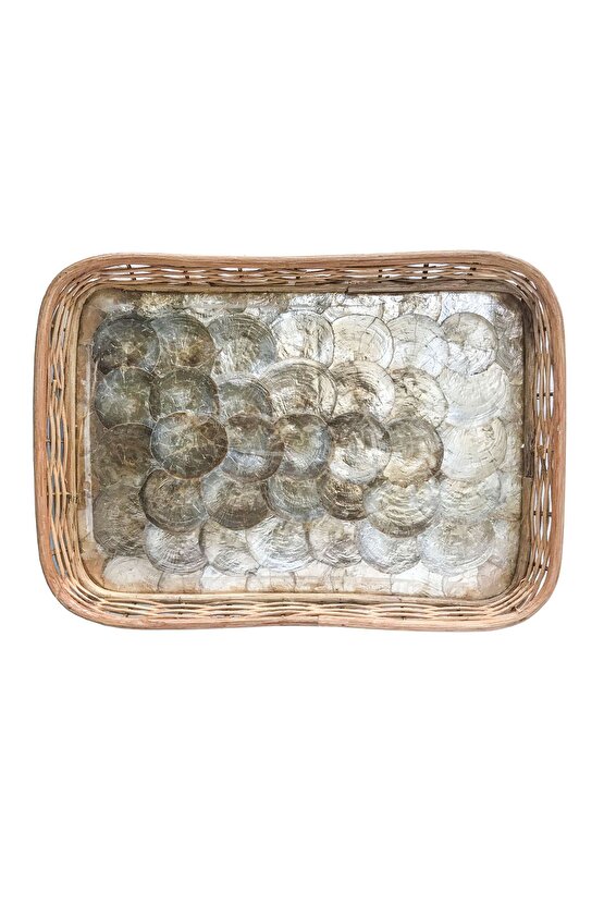Rattan Dekoratif Dikdörtgen Hasır El Yapımı Sedef Tepsi  3 lü Set-01