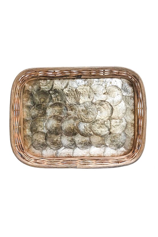 Rattan Dekoratif Dikdörtgen Hasır El Yapımı Sedef Tepsi  3 lü Set-01