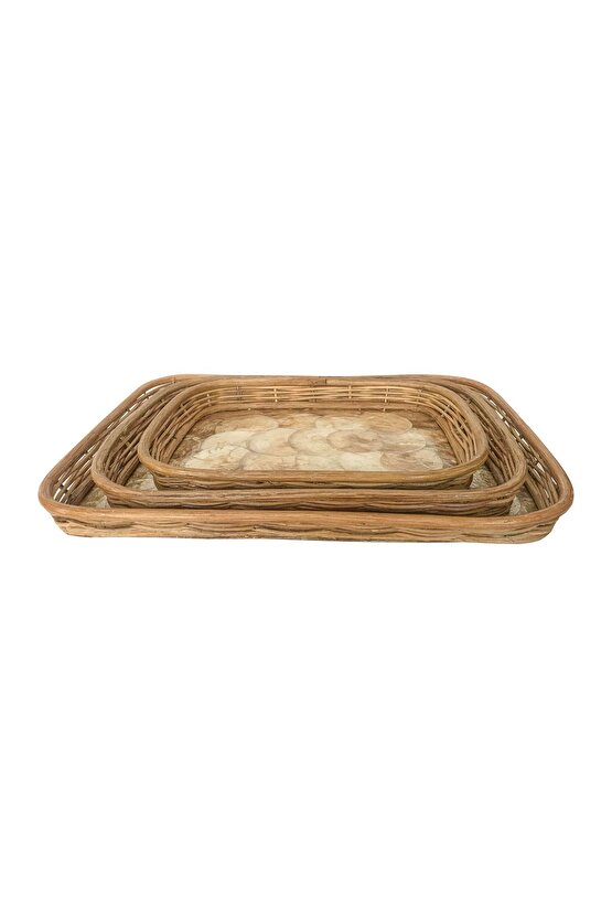 Rattan Dekoratif Dikdörtgen Hasır El Yapımı Sedef Tepsi  3 lü Set-01