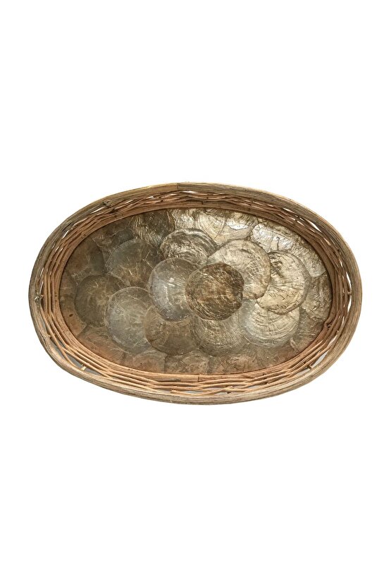 Rattan Dekoratif Oval Hasır El Yapımı Sedef Tepsi 3 lü Set