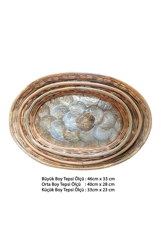 Rattan Dekoratif Oval Hasır El Yapımı Sedef Tepsi 3 lü Set