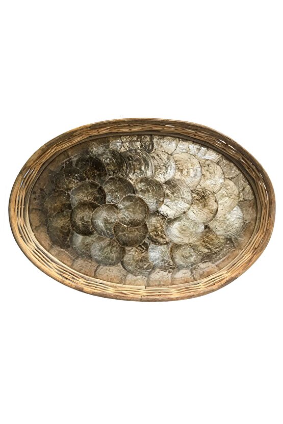 Rattan Dekoratif Oval Hasır El Yapımı Sedef Tepsi 3 lü Set