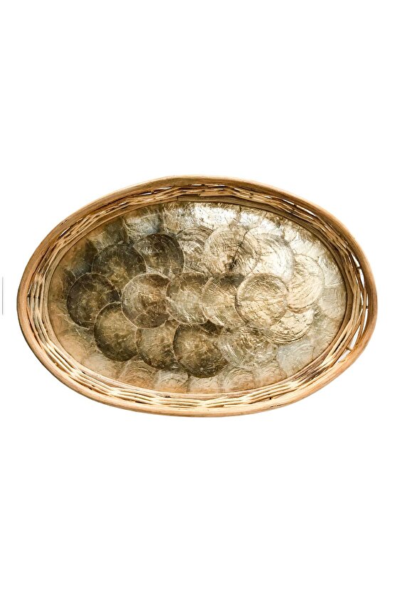 Rattan Dekoratif Oval Hasır El Yapımı Sedef Tepsi 3 lü Set