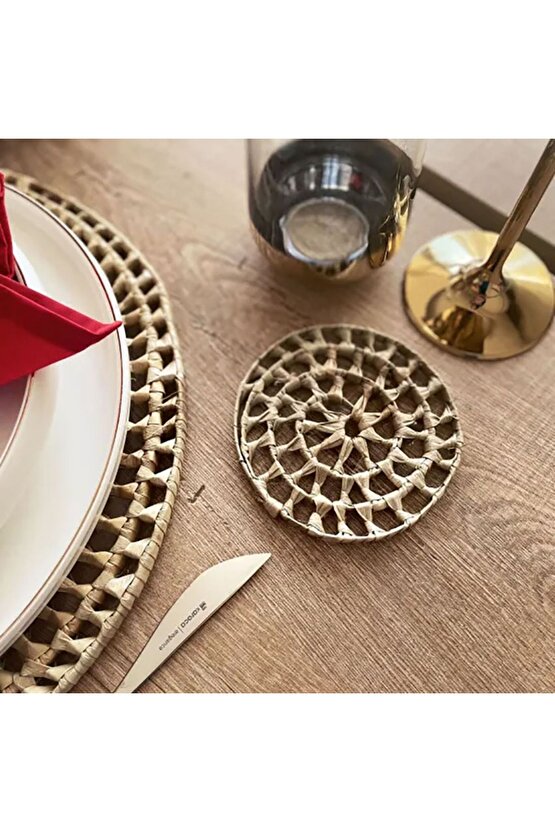 Rattan Hasır Dekoratif Bardak Altlığı 12 Li 100% El Yapımı