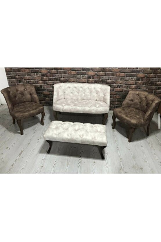 Kahverengi Ve Krem Çay Seti Berjer Koltuk Takımı 2+1+1 Koltuk Bench Bank