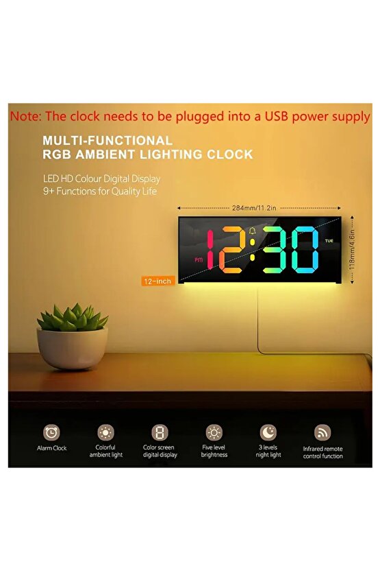 SMOUING 30.48cm Dijital Duvar Saati, Büyük Ekran ile 13 RGB Renk Değişimi, LED Alarm Saati ile Uzakt