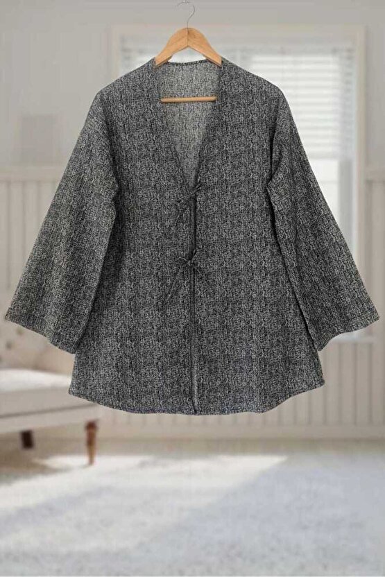 Antrasit Kırçıllı Önü Bağlamalı Kimono Tunik  Likralı Ütü İstemez Kumaş