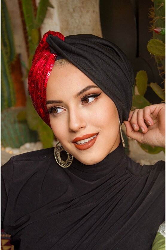 Siyah Kırmızı Payetli Burgu Model Dolgulu Abiye Bone