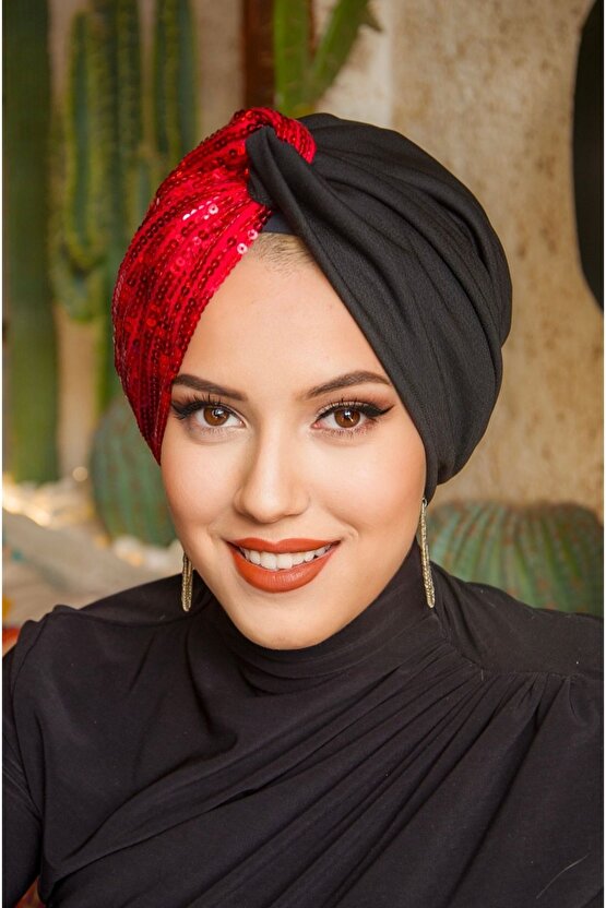 Siyah Kırmızı Payetli Burgu Model Dolgulu Abiye Bone