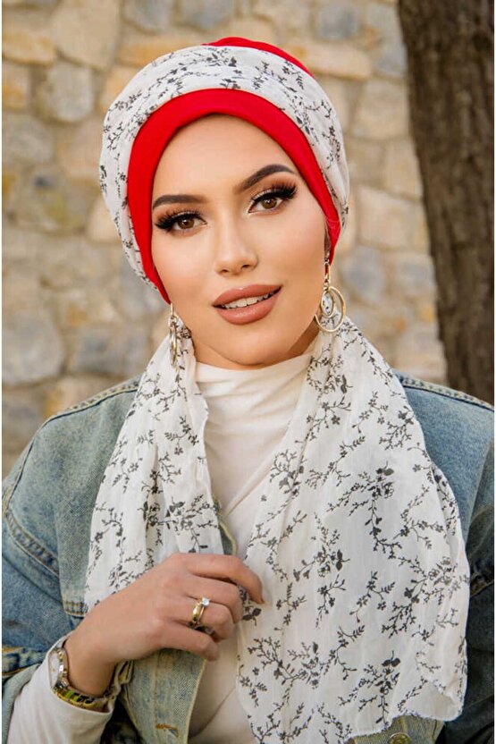 Kırmızı Beyaz Çiçek Desen Fularlı Bone