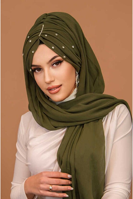 Haki Taşlı Büzgü Model Hazır Abiye Şal