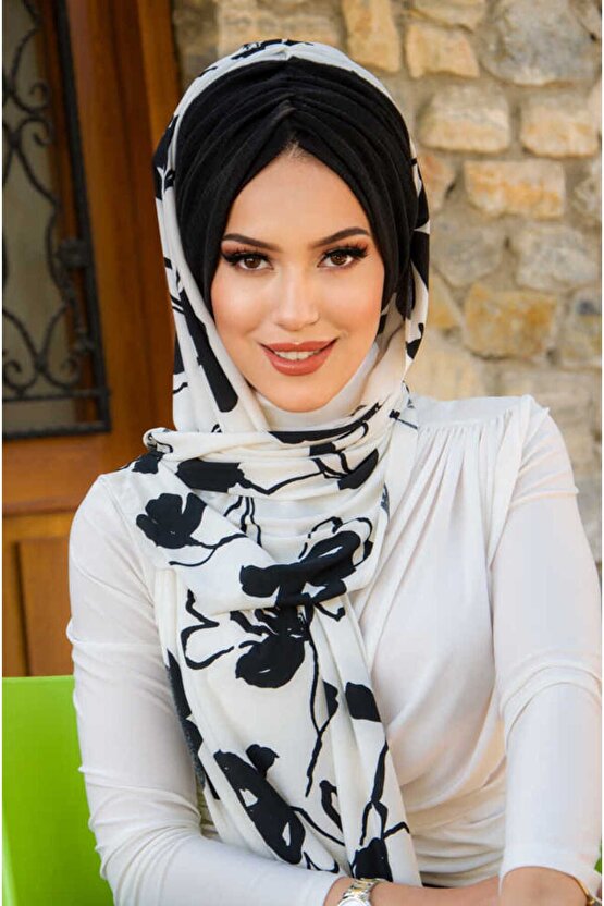 Beyaz Siyah Yaprak Desen Kelebek Model Büzgülü Bone Şal