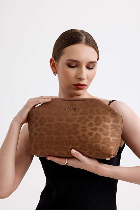 Heybes Kadın Taba Leopar Desenli Deri Clutch El Çantası