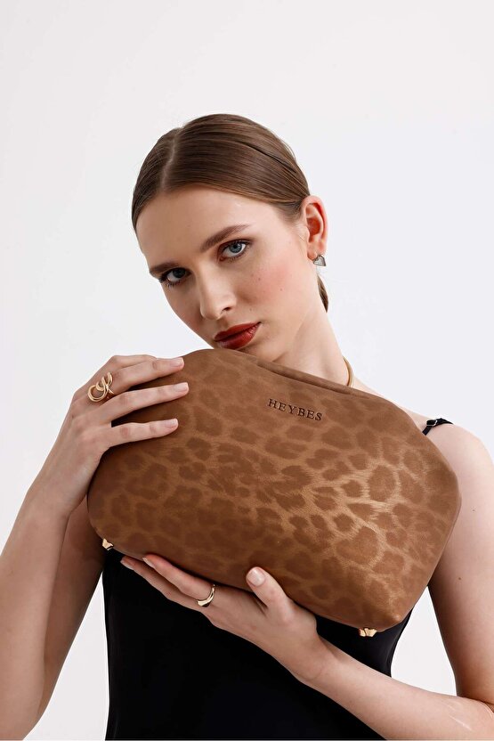 Heybes Kadın Taba Leopar Desenli Deri Clutch El Çantası