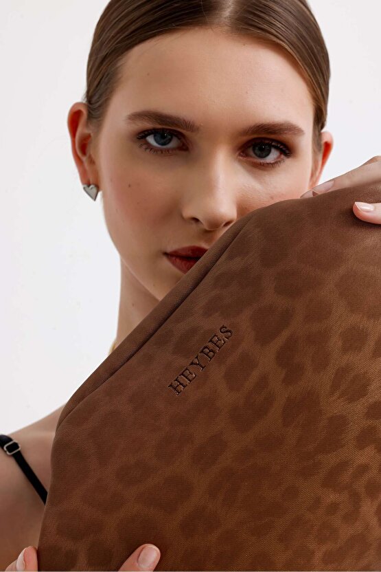Heybes Kadın Taba Leopar Desenli Deri Clutch El Çantası