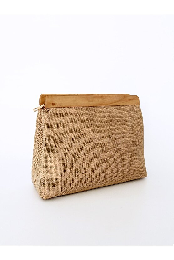 Kadın Ahşap Detaylı Jüt Hasır Clutch El Çantası