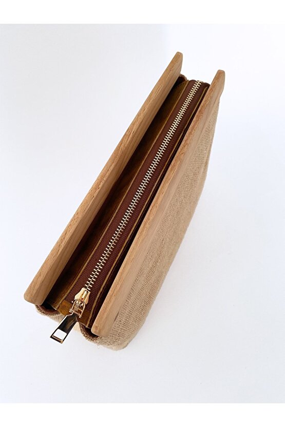 Kadın Ahşap Detaylı Jüt Hasır Clutch El Çantası