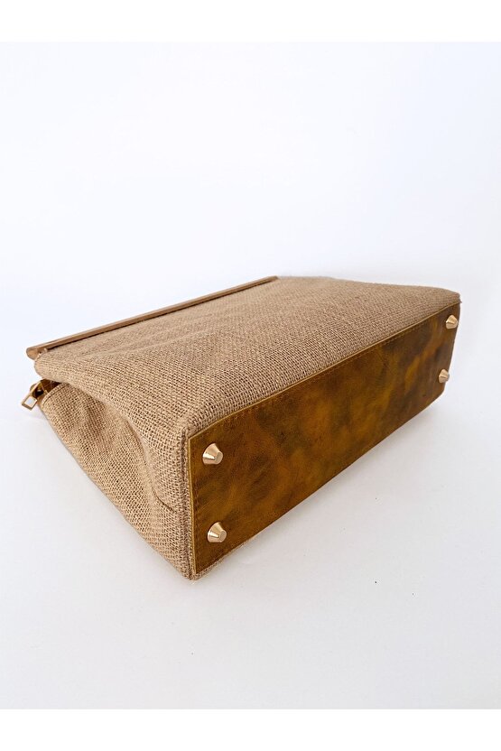 Kadın Ahşap Detaylı Jüt Hasır Clutch El Çantası