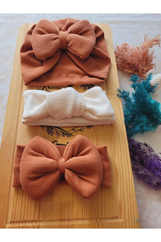 Kız Bebek & Çocuk Fiyonklu Bone & Bandana Set