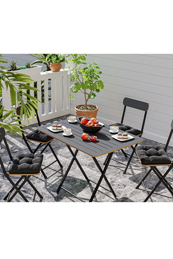 4 Kişilik Minderli Bistro Takım Bahçe Masa Sandalye Füme 1432
