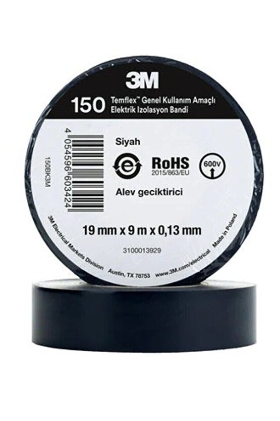 Siyah İzole Elektrik Bantı (0,13mmx19mmx9,14Metre)