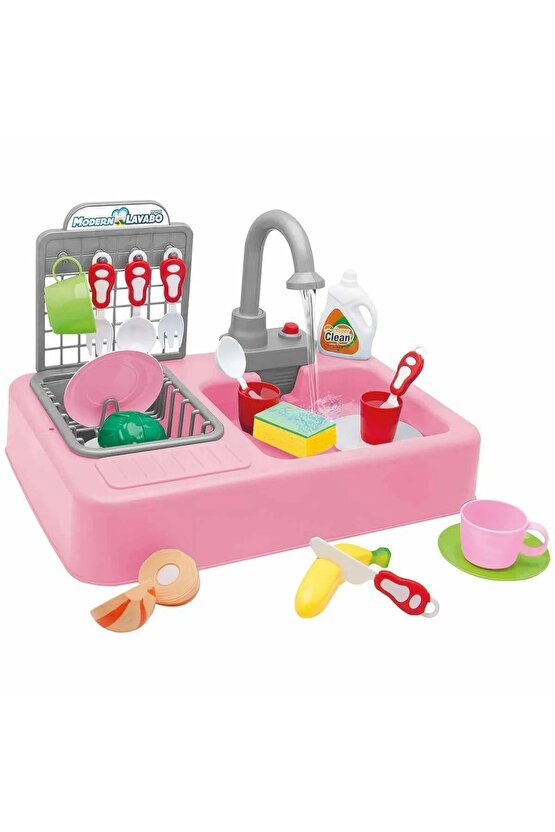 Su Akıtan Modern Mutfak Seti - Çeşmeli Işıklı Ve Sesli Lavabo - Mutfak Seti - Su Akan Musluk - Pembe
