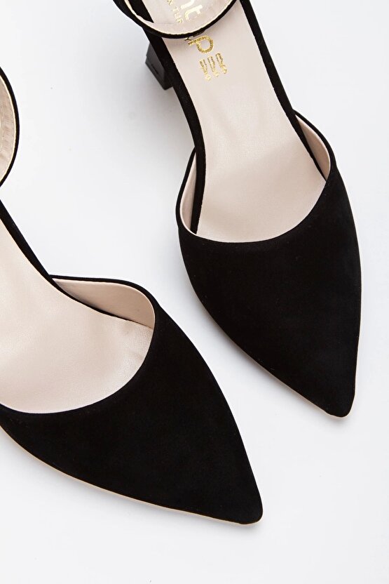Kadın 8 Cm Topuklu Siyah Süet Çanta Kombinli Stiletto Takımı