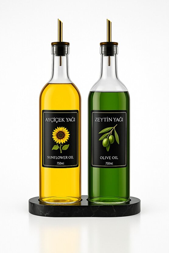 Mermer Desenli Stantlı Gold Kapaklı 2li Yağ Şişesi 750 ml  Zeytinyağ Sıvıyağ Şişesi Cam Yağdanlık