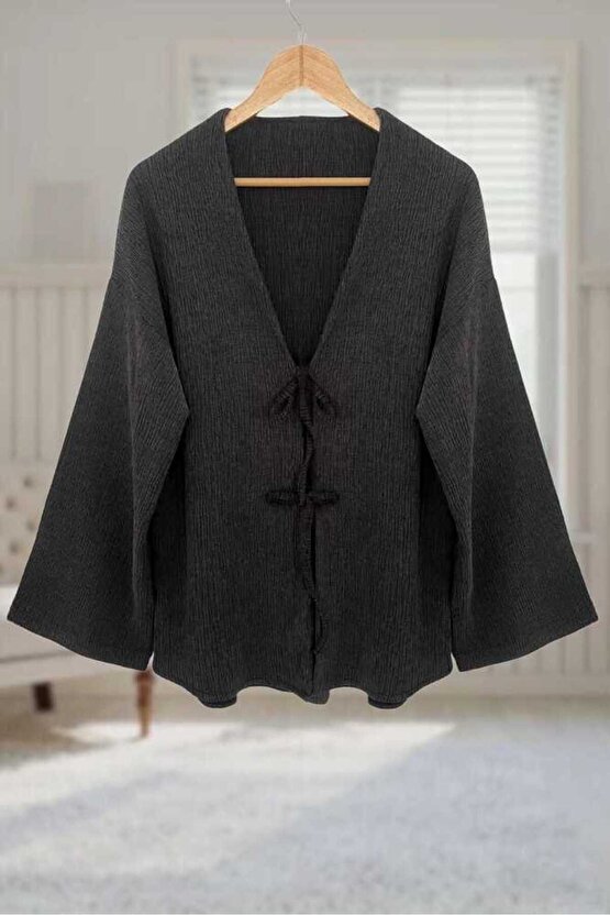 Antrasit Bürümcük Önü Bağlamalı Kimono Tunik  Likralı
