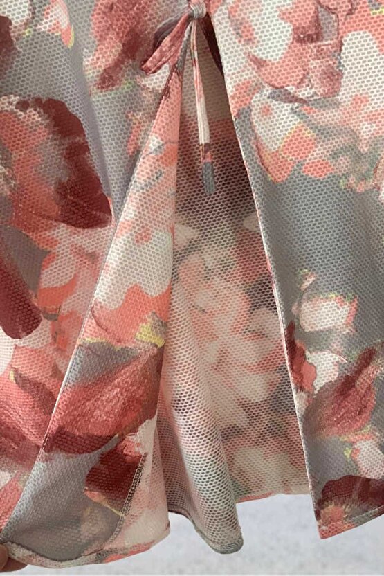 Gri Pudra Çiçekli Önü Bağlamalı Kimono Tunik  Likralı Yazlık Kumaş 85 cm Boy
