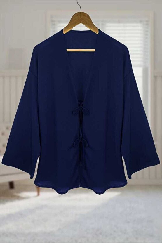 Lacivert Önü Bağlamalı Kimono Tunik Likralı Yazlık Kumaş