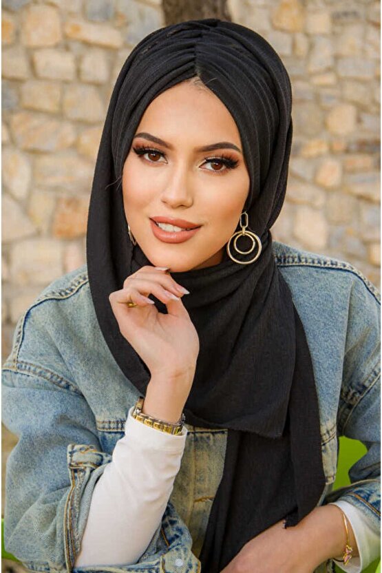 Siyah Kelebek Büzgülü Bone Şal
