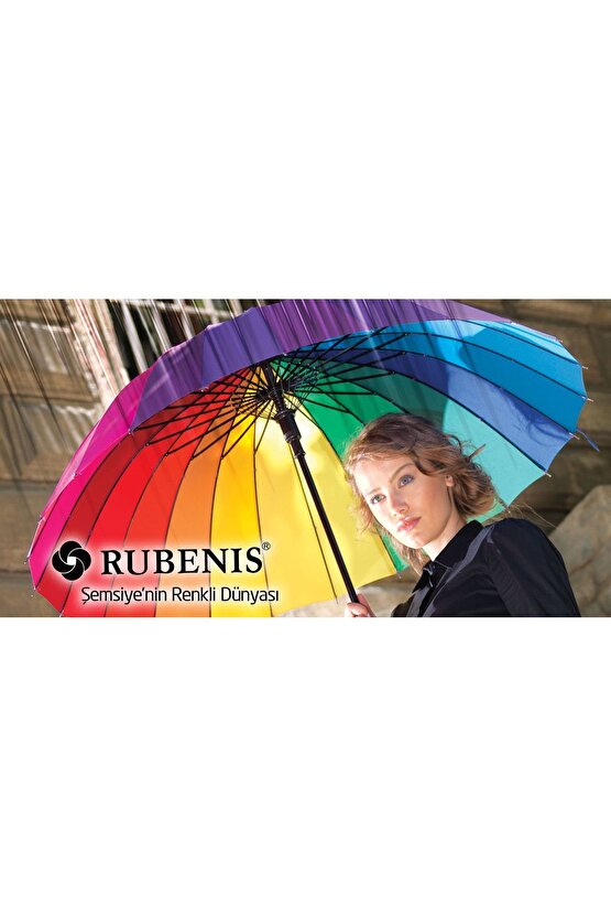 Rb-056 24 Telli Gökkuşağı Şemsiye Fiber Ağaç Saplı