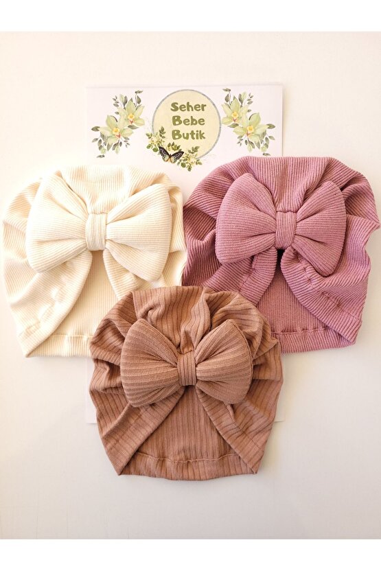 Kız Bebek & Çocuk Renkli Fiyonklu Bone 3Lü Set