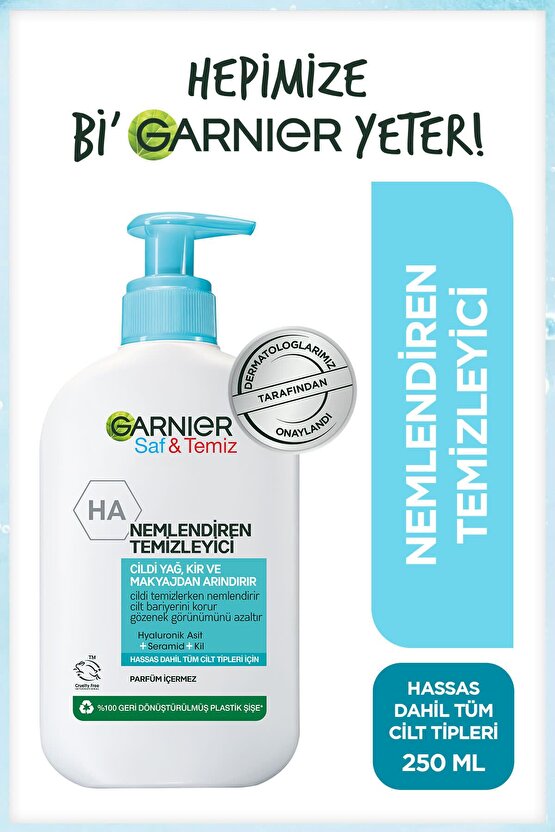 Saf ve Temiz Nemlendiren Temizleyici 250 ml (Hyaluronik Asit + Seramid + Beyaz Kil)