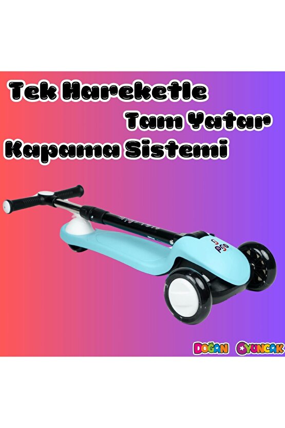 Lupa Katlanabilir Işıklı 3 Tekerlekli Turkuaz Scooter - Işıklı Scooter - Slikon Teker Scooter - Çocu
