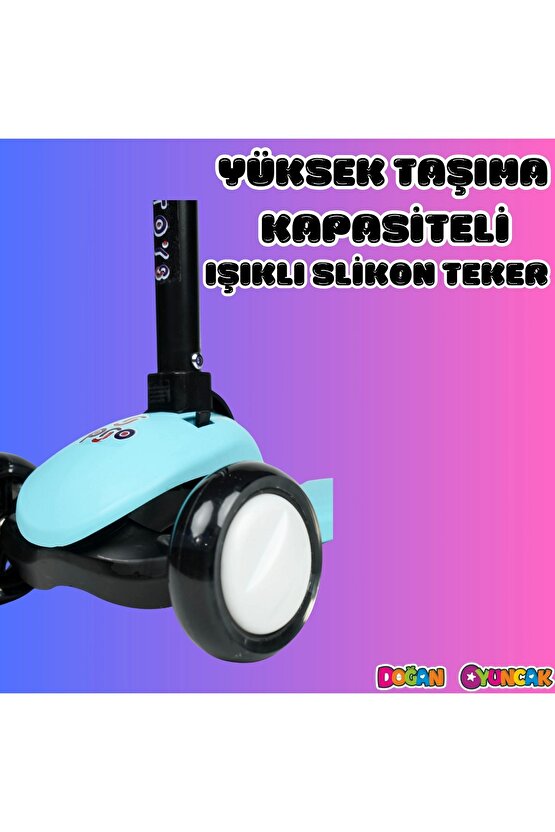 Lupa Katlanabilir Işıklı 3 Tekerlekli Turkuaz Scooter - Işıklı Scooter - Slikon Teker Scooter - Çocu