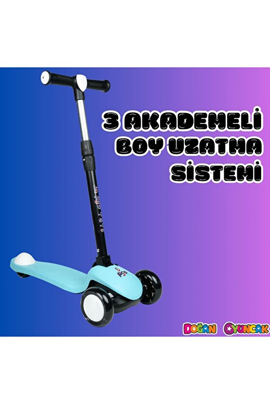 Lupa Katlanabilir Işıklı 3 Tekerlekli Turkuaz Scooter - Işıklı Scooter - Slikon Teker Scooter - Çocu