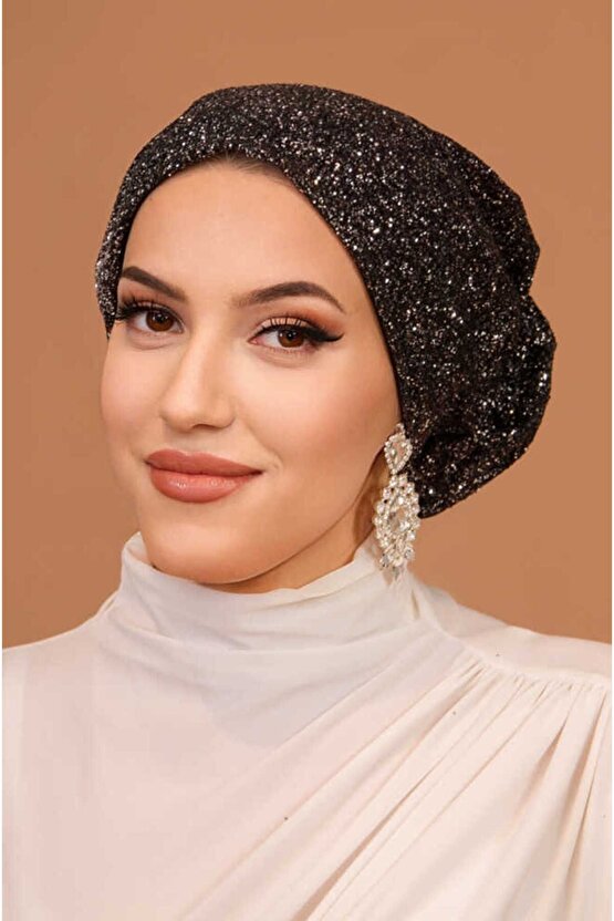 Siyah Gümüş Simli Çağla Abiye Hazır Türban Bone