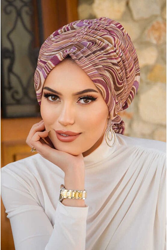 Vişne Bej Spiral Desen Tokalı Bone