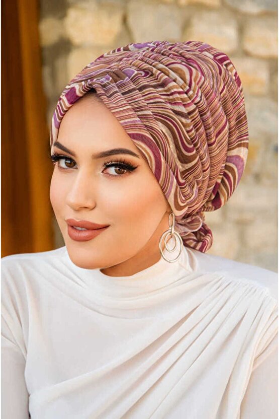 Vişne Bej Spiral Desen Tokalı Bone
