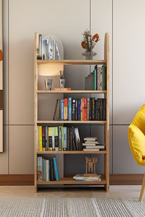 5 Raflı Oval Kitaplık Açık Raflı Kütüphane Atlantik Çam