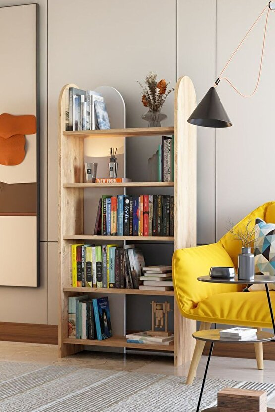 5 Raflı Oval Kitaplık Açık Raflı Kütüphane Atlantik Çam