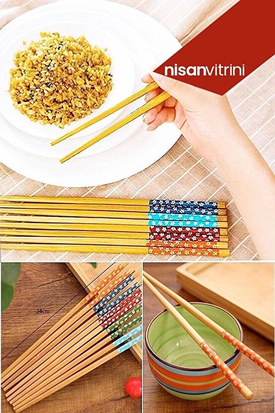 Bambu Chopstick 5 Çift Desenli Ve Yıkanabilir Çin Kore Çubukları - Sushi, Ramen Noodle Çubuğu