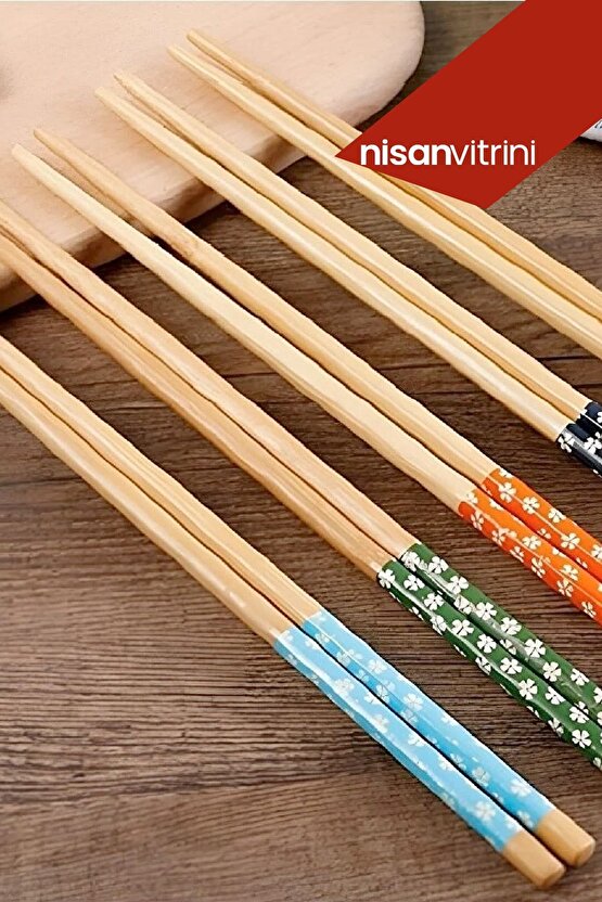 Bambu Chopstick 5 Çift Desenli Ve Yıkanabilir Çin Kore Çubukları - Sushi, Ramen Noodle Çubuğu