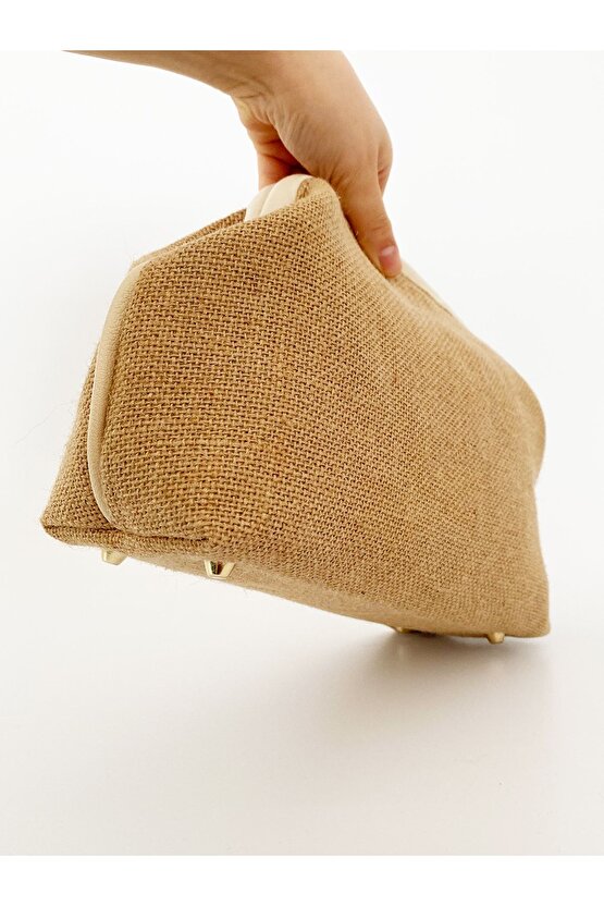 Kadın Krem Biyeli Jüt Hasır Clutch El Çantası