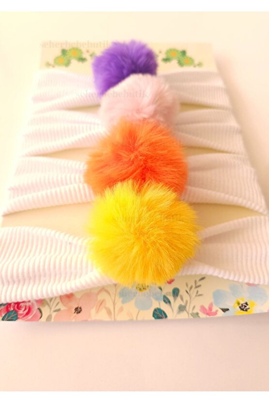 Kız Bebek & Çocuk PonPon Bandana Set - Peluş-Yumuşak-Esnek