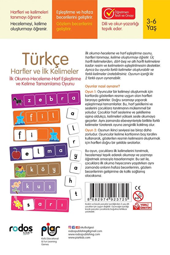 Türkçe Ilk Harfler Ve Kelimelerİlk Okuma-Heceleme-Harf Eşleştirme Ve Kelime Tamamlama Oyunu3-6 Yaş